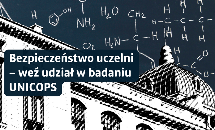 Grafika o charakterze informacyjnym. W tle widoczny jest czarno-biały rysunkowy wizerunek klasycznego budynku uczelni z kopułą. Na ciemnym tle ponad budynkiem rozmieszczone są białe wzory chemiczne i symbole, przypominające zapisy na tablicy. Po lewej stronie znajduje się granatowy, zaokrąglony prostokąt z białym napisem: „Bezpieczeństwo uczelni – weź udział w badaniu UNICOPS”.