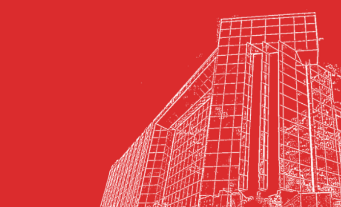 Baner wydarzenia, rysunek Biblioteki UŁ na czerwonym tle