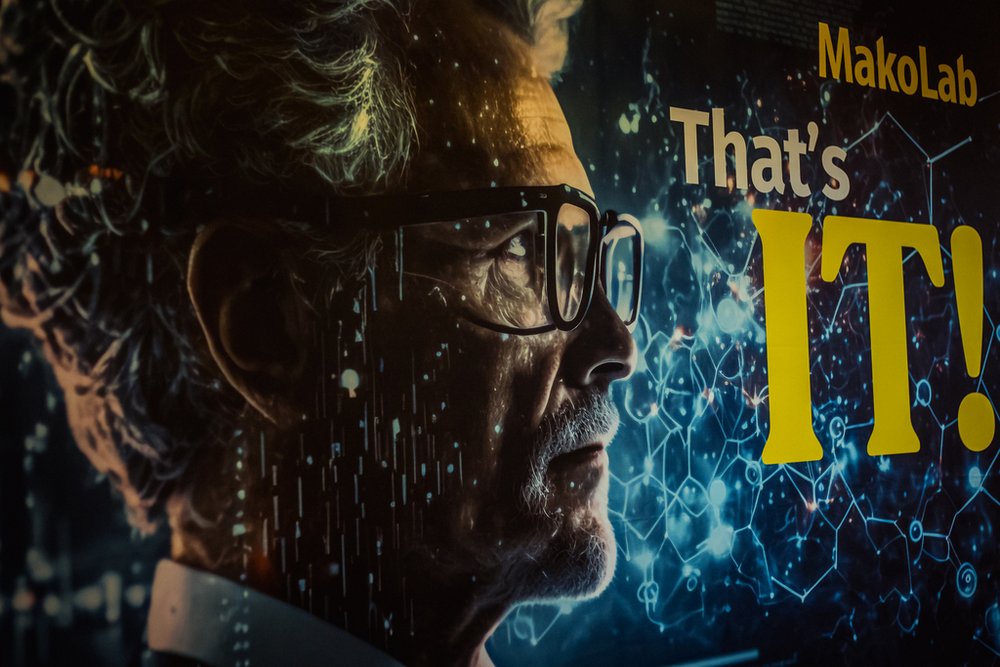 promotional wall with graphic from MakoLab, the graphic shows an older man with glasses