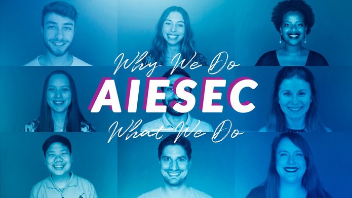 Napis Why we do what we do na tle uśmiechniętych twarzy