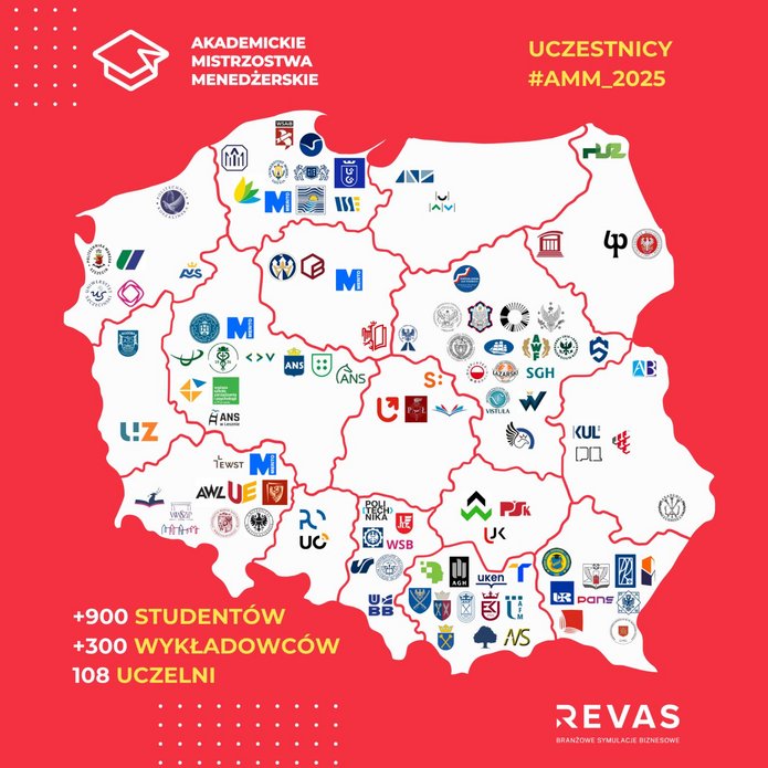 a map of Poland with the logos of the universities that qualified for the Competition