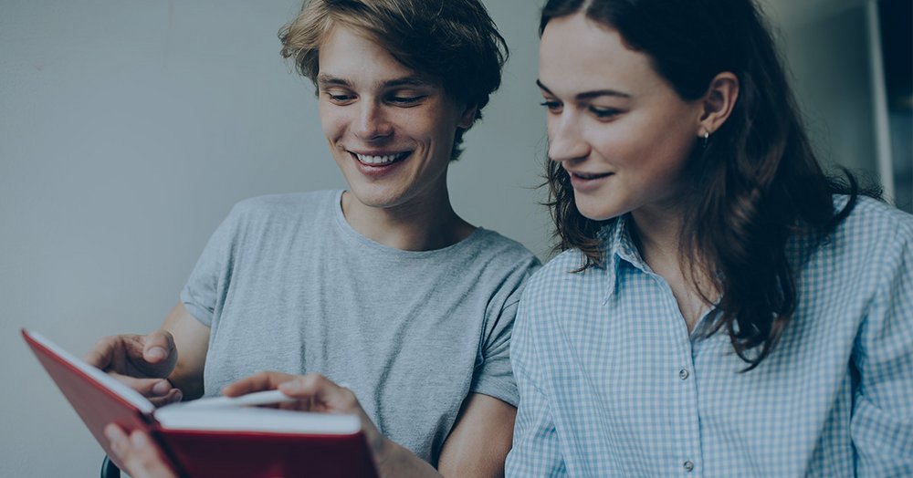 a decorative element: two young people and an invitation to take part in the competition