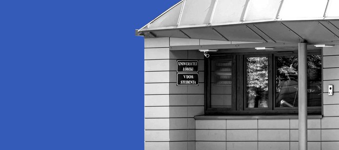 A photo of a dormitory on a blue background