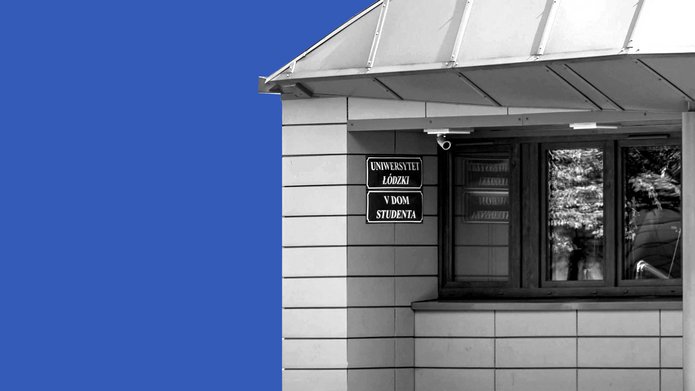 A photo of a dormitory on a blue background