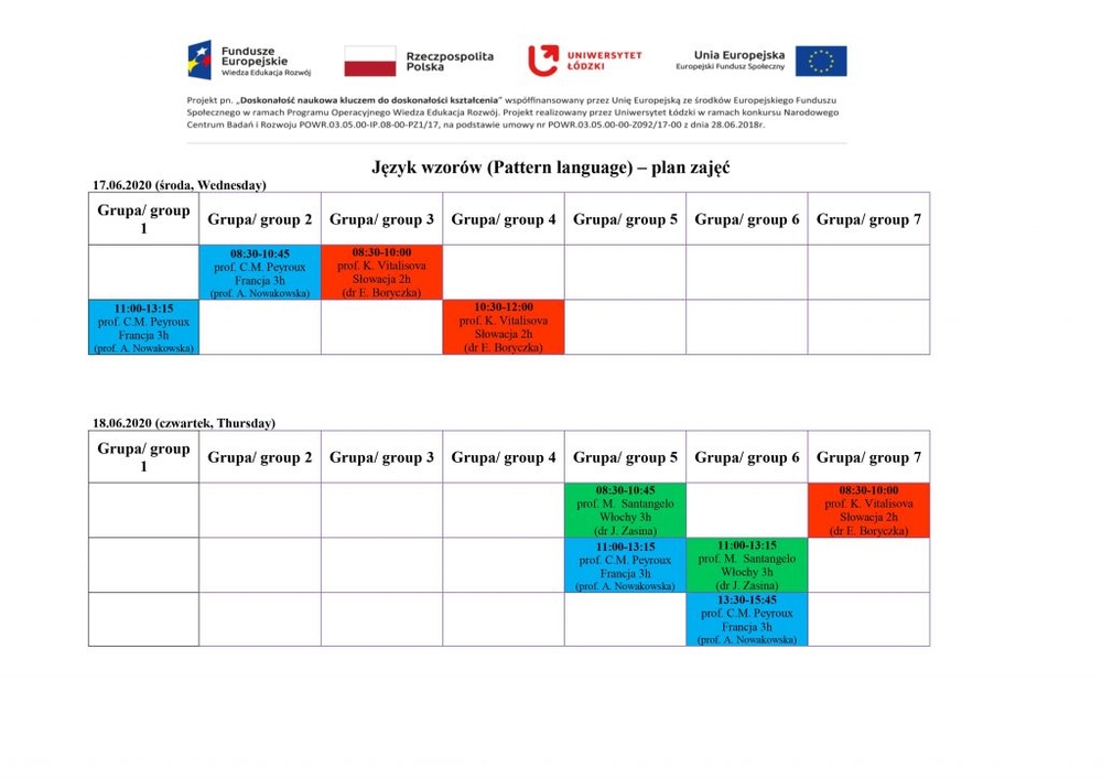Język wzorów plan zajęć