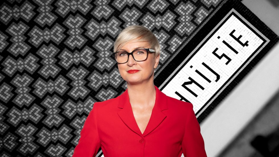 a portrait photo of Dr hab. Katarzyny de Lazari-Radek, Associate Professor at the University of Lodz with a background of the mosaic Smile