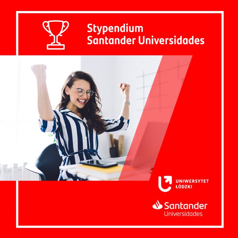 Młoda kobieta cieszaca się. Napis Stypendium Santander Universidades