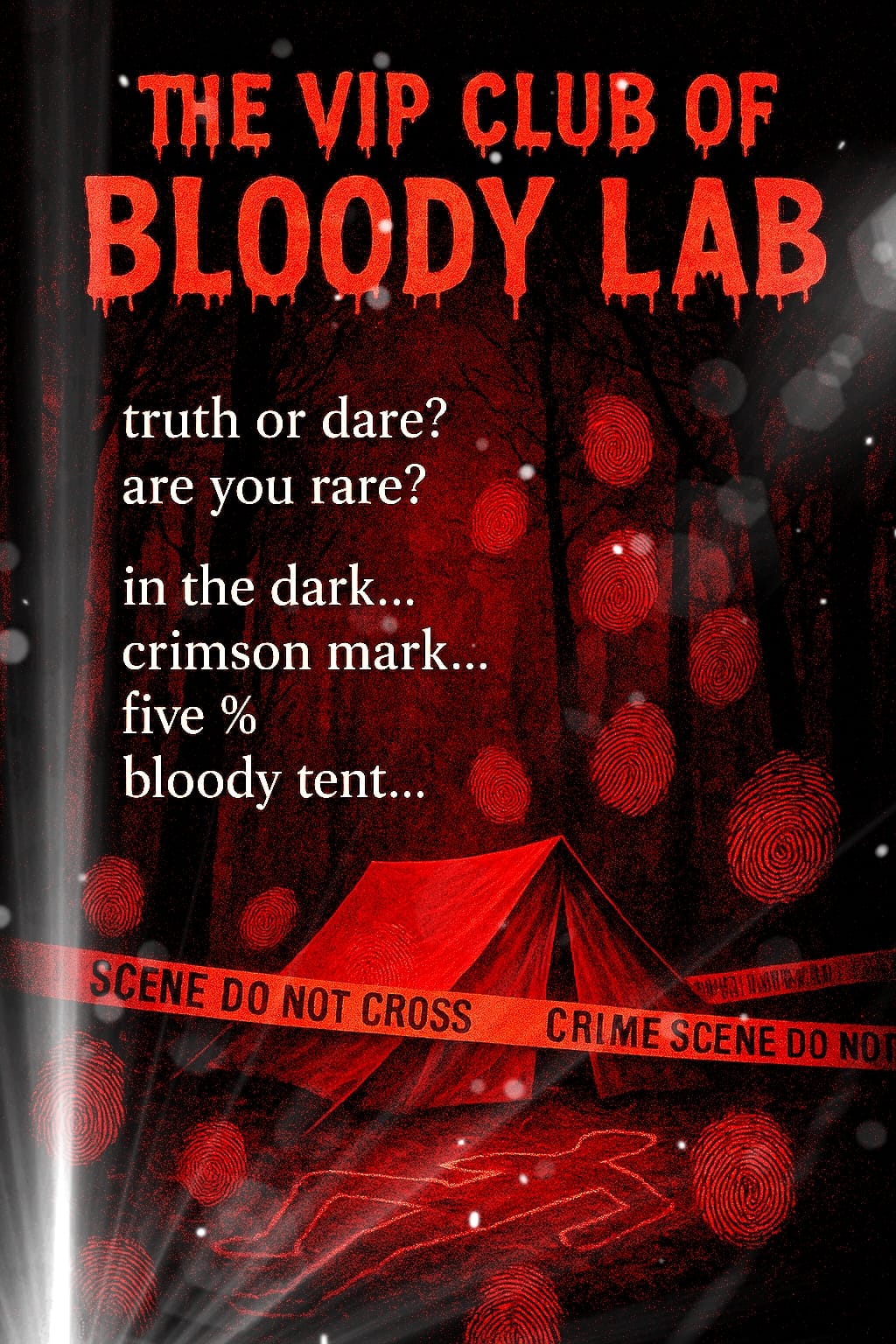 Poster. Text: Bloody lab. Zdjęcie namiotu.
