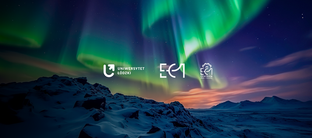 Logotypy Uniwersytetu Łódzkiego i EC-1 na tle zorzy polarnej