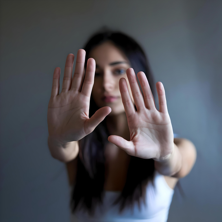 Kobieta z wyciągniętymi rękoma w geście stop