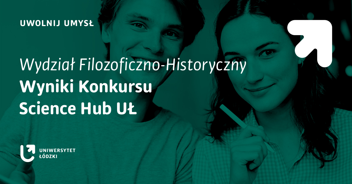 grafika przedstawiajaca dwie osoby z napisem dotyczącym wyników konkursu Science Hub z Wydziału Filozogiczno-Historycznego UŁ