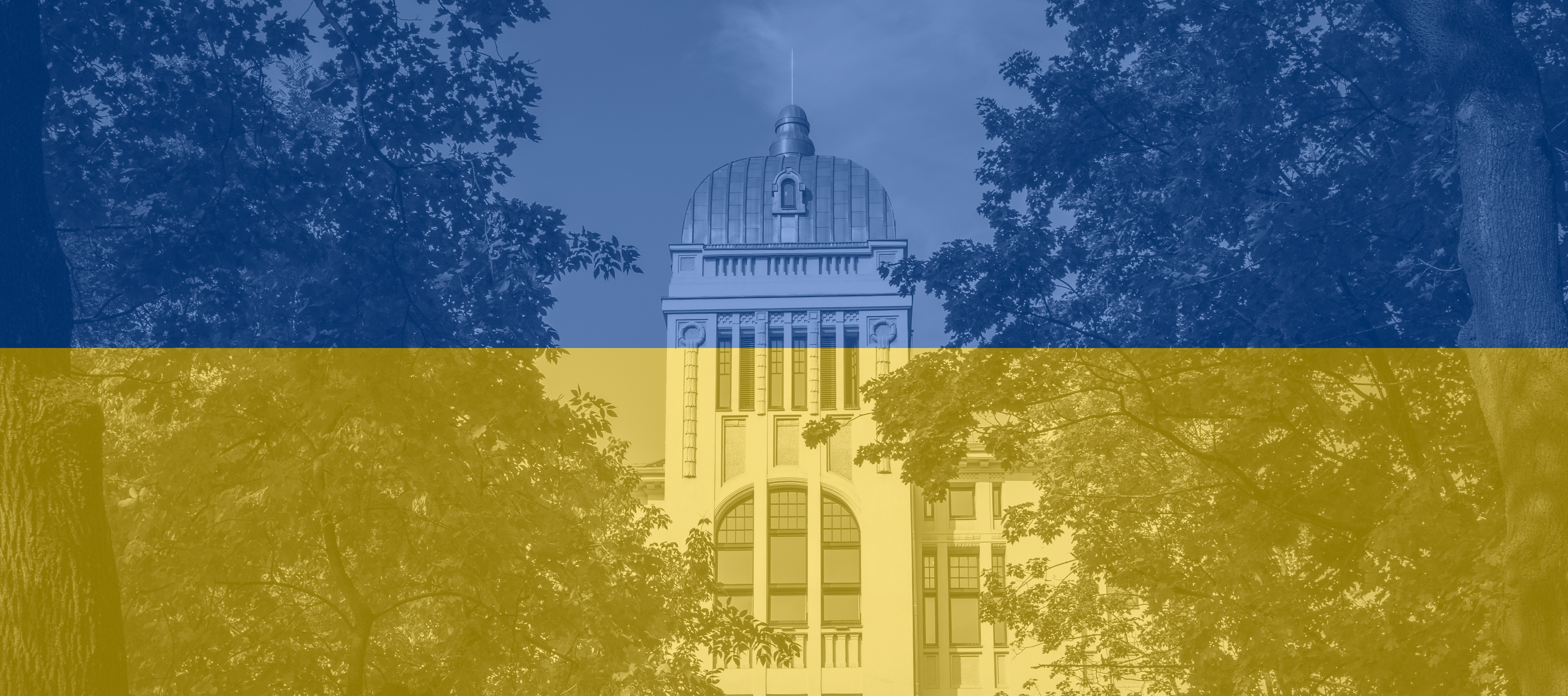 Rektorat UŁ w kolorach flagi Ukrainy