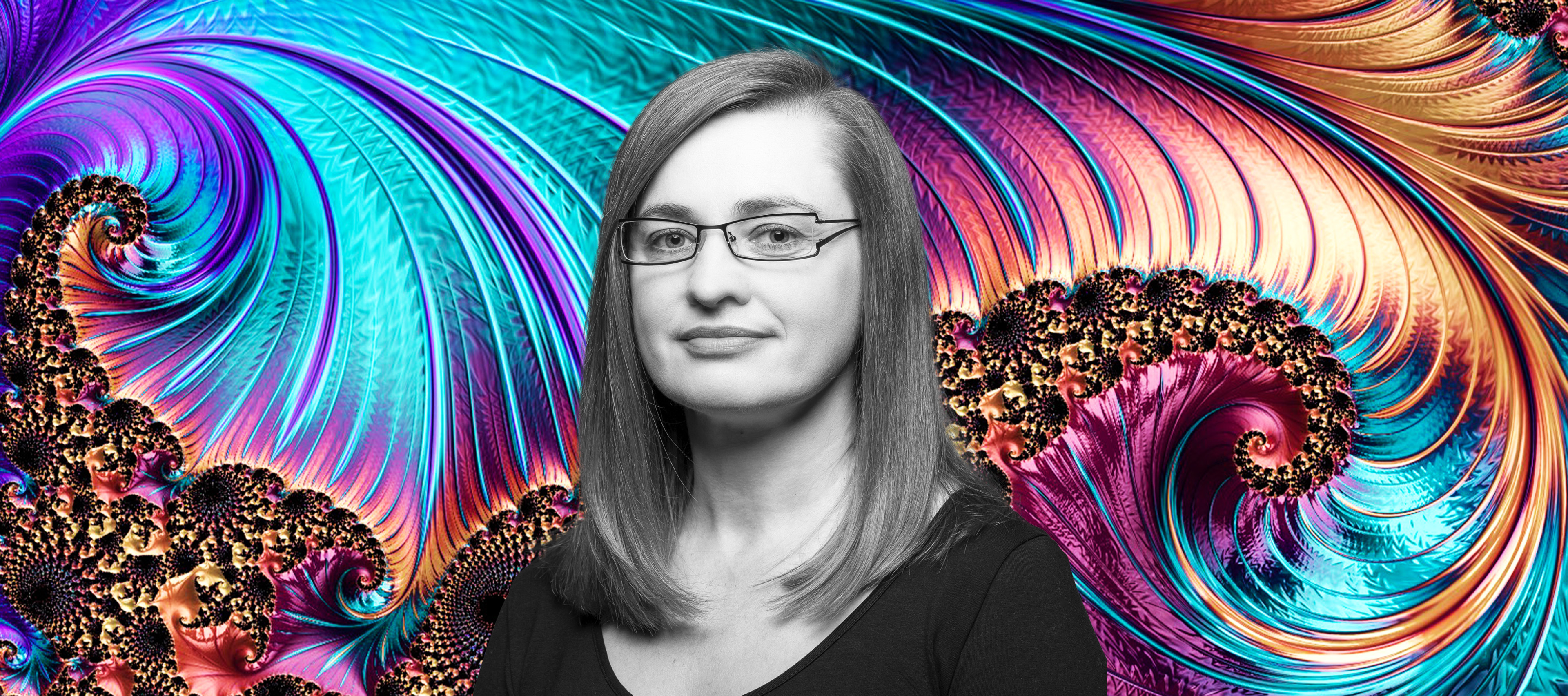 Dr Monika Kaźmierczak against the background of a fractal composition