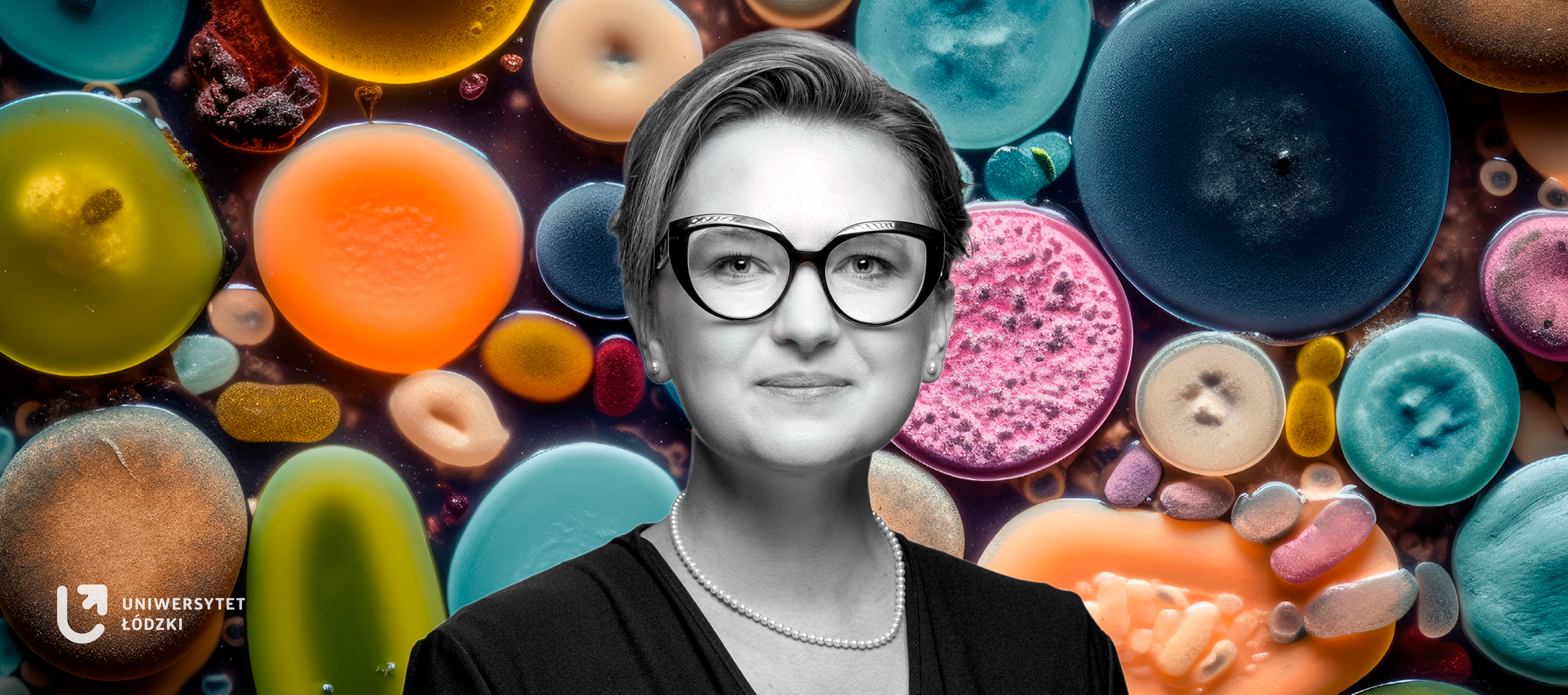 [Translate to English:] Dr Karolina Rudnicka na tle kolorowej różnorodność mikroorganizmów wewnątrz płytki Petriego. Wygenerowane za pomocą sztucznej inteligencji.