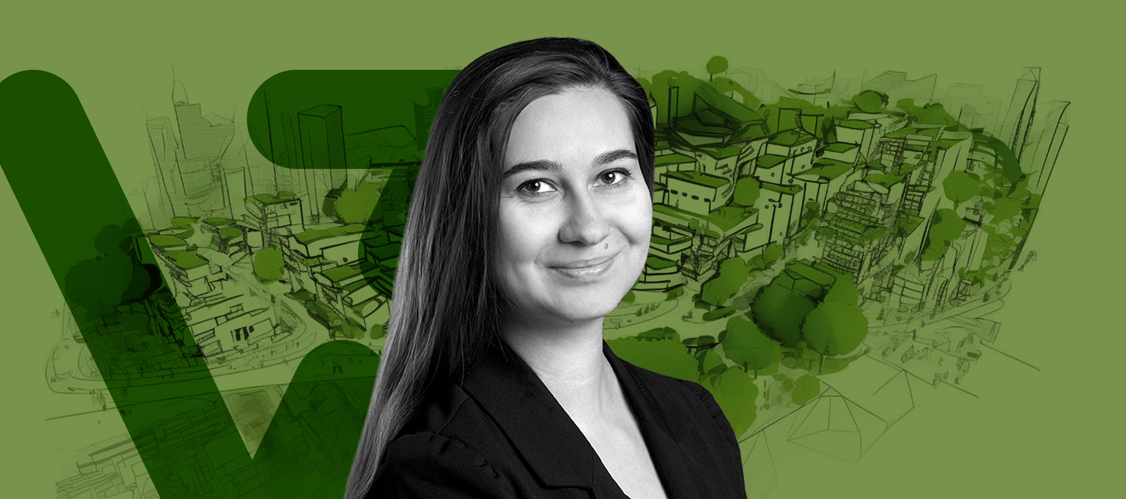 Dr Magdalena Biernacka on a green background, a sketch of urban development is visible in the distance