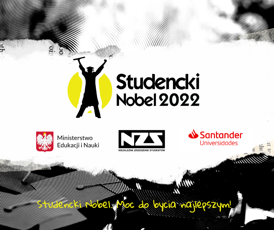 Czarna postać studenta w birecie z dyplomem w ręku na tle żółtego okręgu