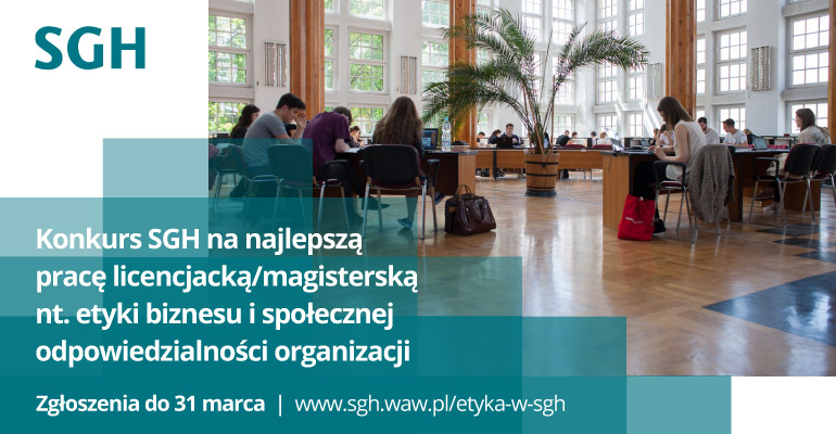 plakat konkursu Szkoły Wyższej Handlowej na najlepszą pracę dyplomową z zakresu etyki; kolorystyka plakatu utrzymana jest głównie w tonacji szmaragdowej i przedstawia w centralnym planie grupę studentów siedzących za biurkami
