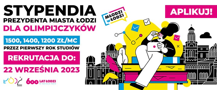 Grafika promująca Stypendia Prezydent Miasta Łodzi. Rysunek dziewczyny na tle miasta w identyfikacji UMŁ