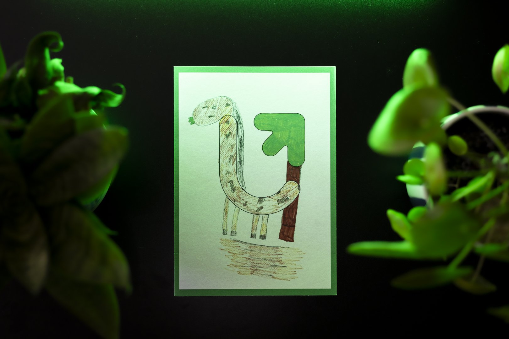 Kartka przedstawiająca kolorową żyrafę, po bokach kartki kwiaty