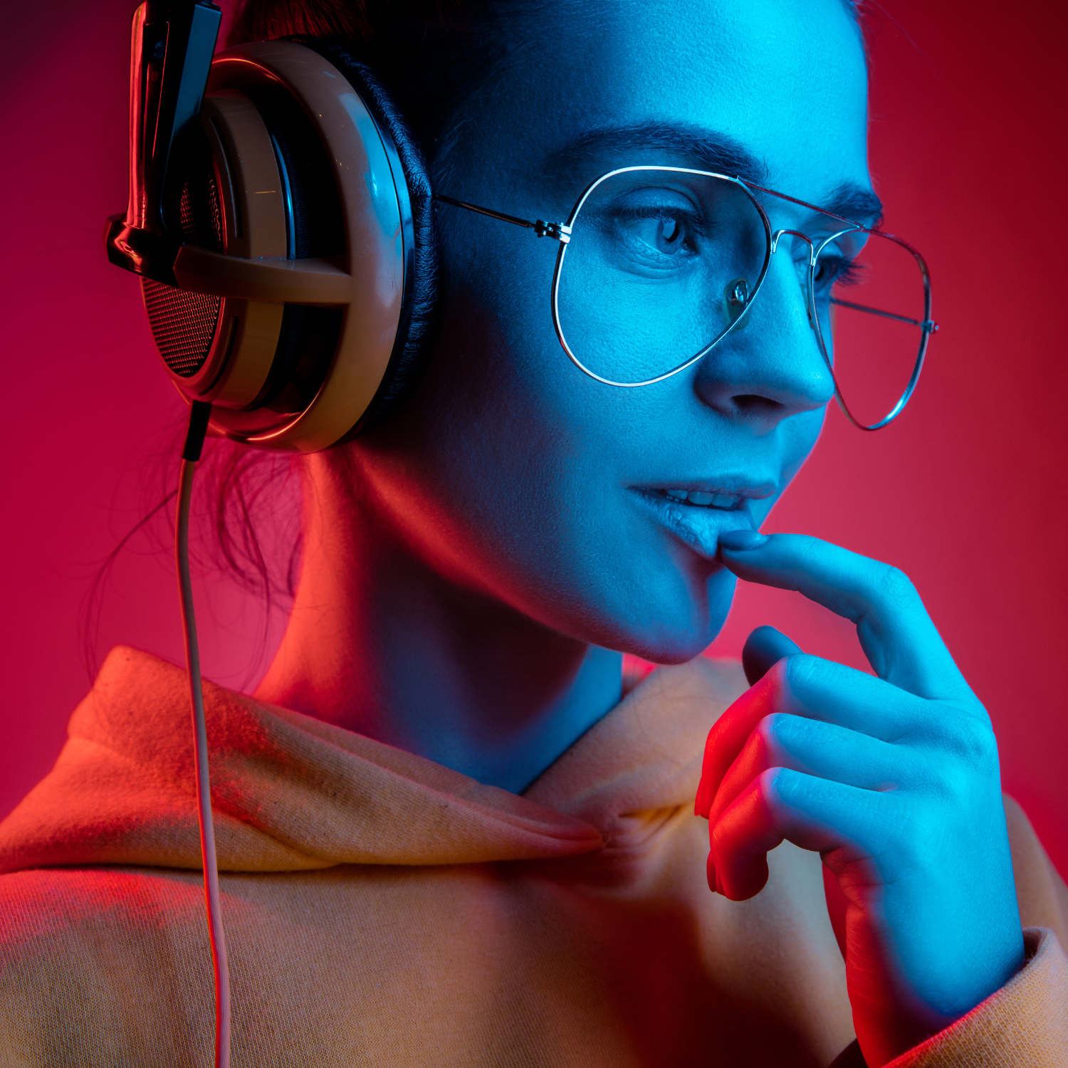 a decorative element: a colorful, futuristic photo of a young woman in half-profile