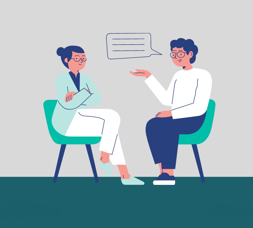 Grafika rozmawiających dwóch osób, studenta z panią psycholog 