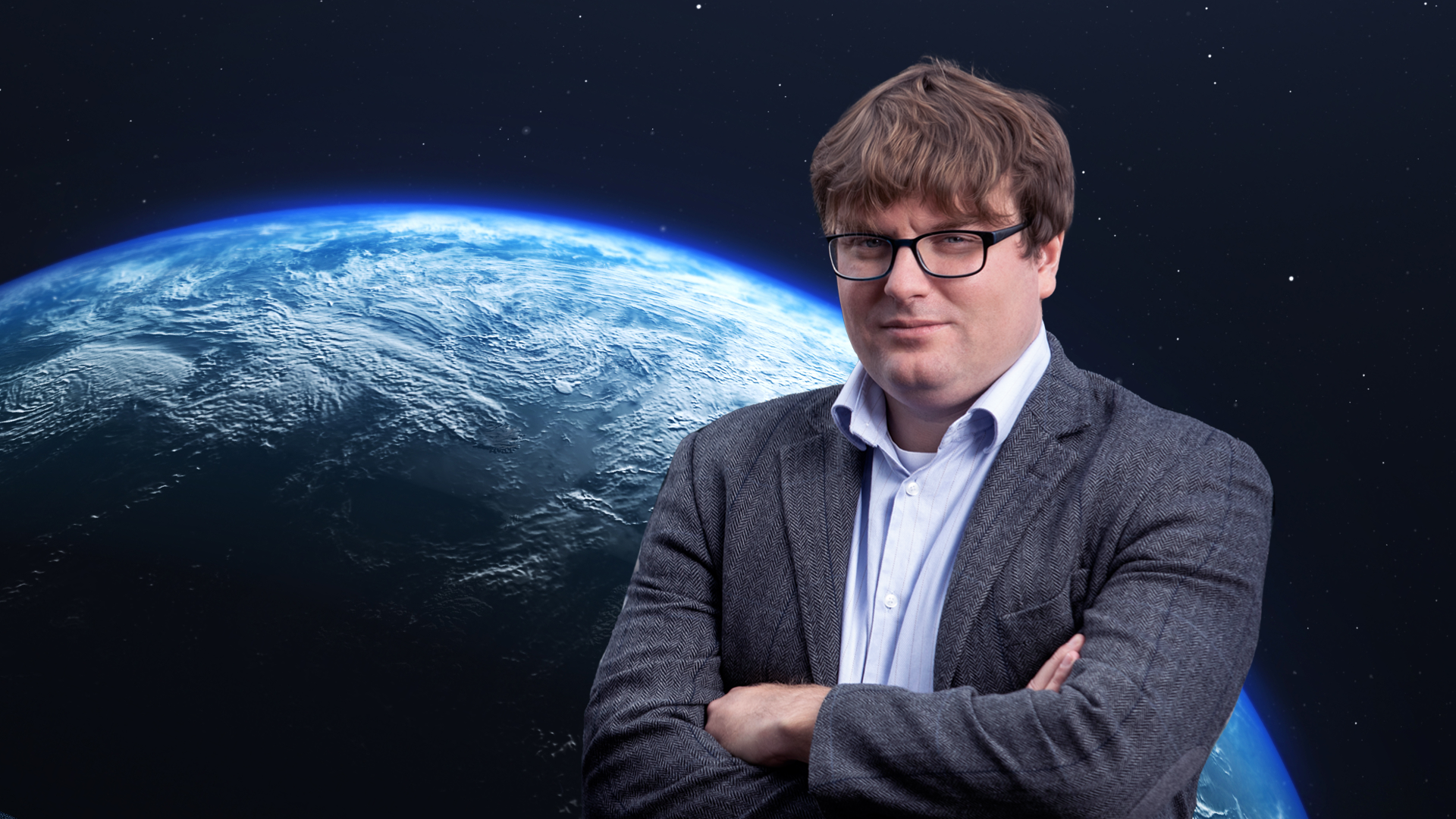 dr Mateusz Piątkowski (WPiA) na tle kosmosu