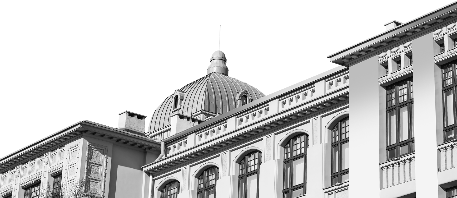 czarno-białe ujęcie Rektoratu UŁ widok na dach