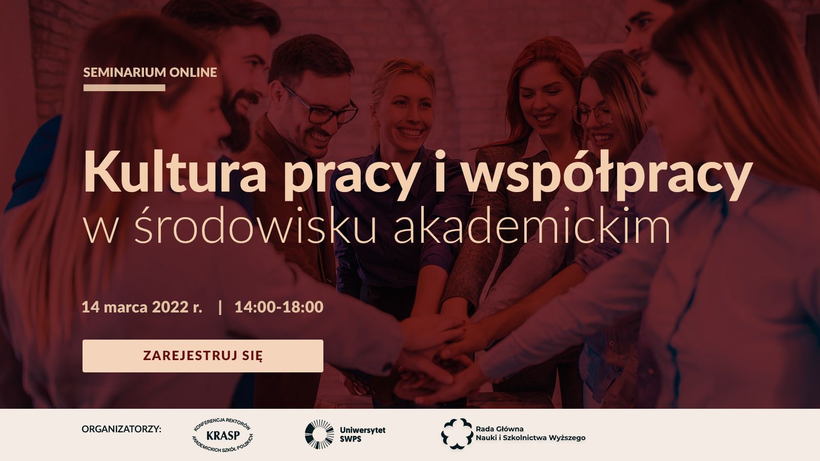 plakat semiarium, ludzie uściskujący sobie ręce z logotypami