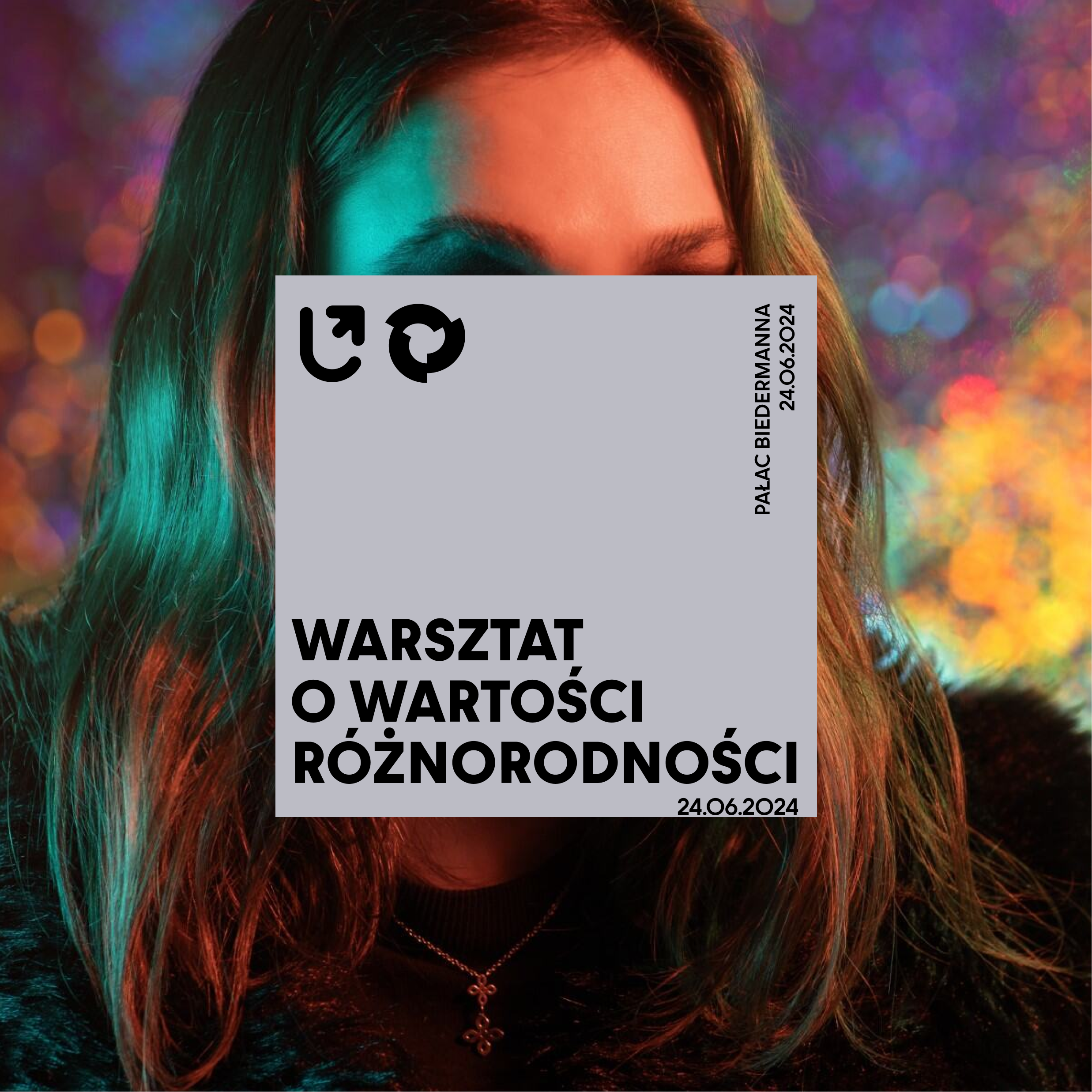 twarz kobiety zasłonięta napisem "Warsztat o wartości różnorodności"